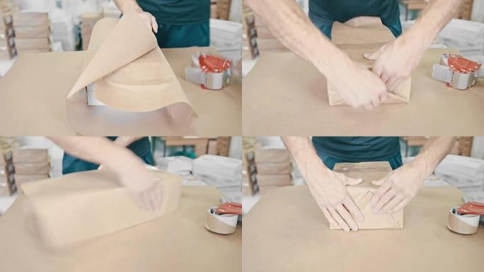 印刷行业的人的手包装盒，顶视图