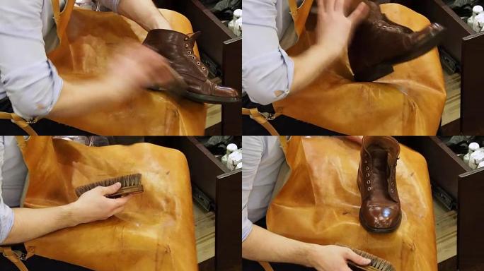 擦鞋匠用特殊的刷子擦亮棕色皮革的靴子