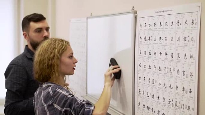 年轻男人和女人的中等镜头一起在教室里学习象形文字