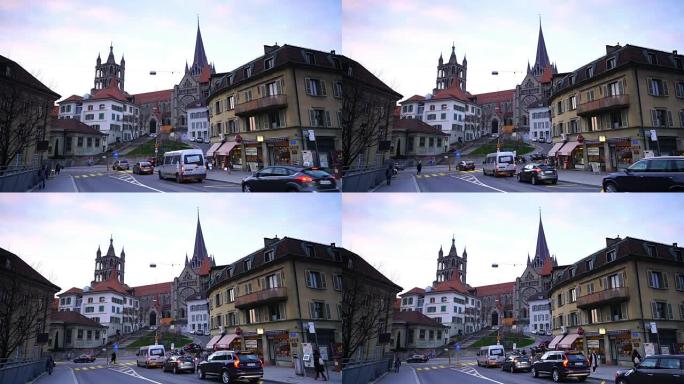 在黄昏蓝色时刻，瑞士洛桑市中心。