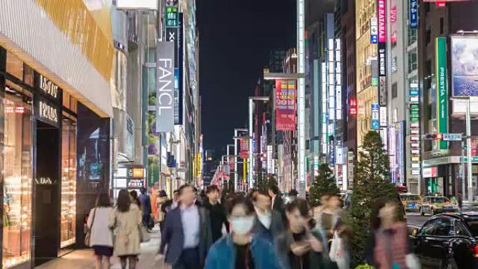 日本东京银座银座购物街游客夜间延时4k延时