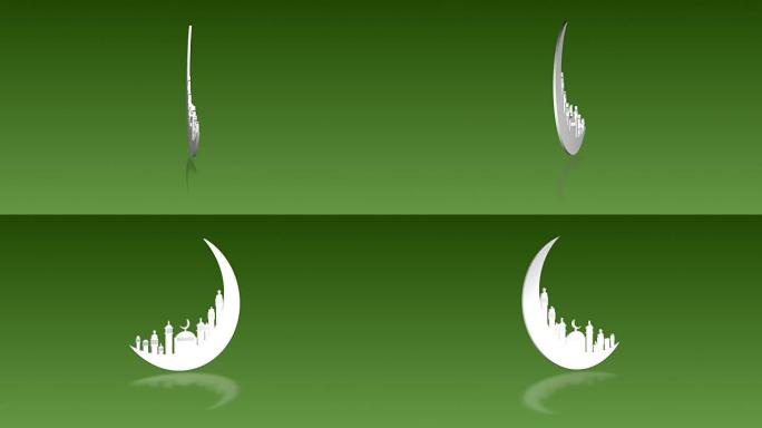 动画，运动抽象背景，月亮清真寺目击公告斋月卡里姆穆巴拉克旋转与绿色背景。