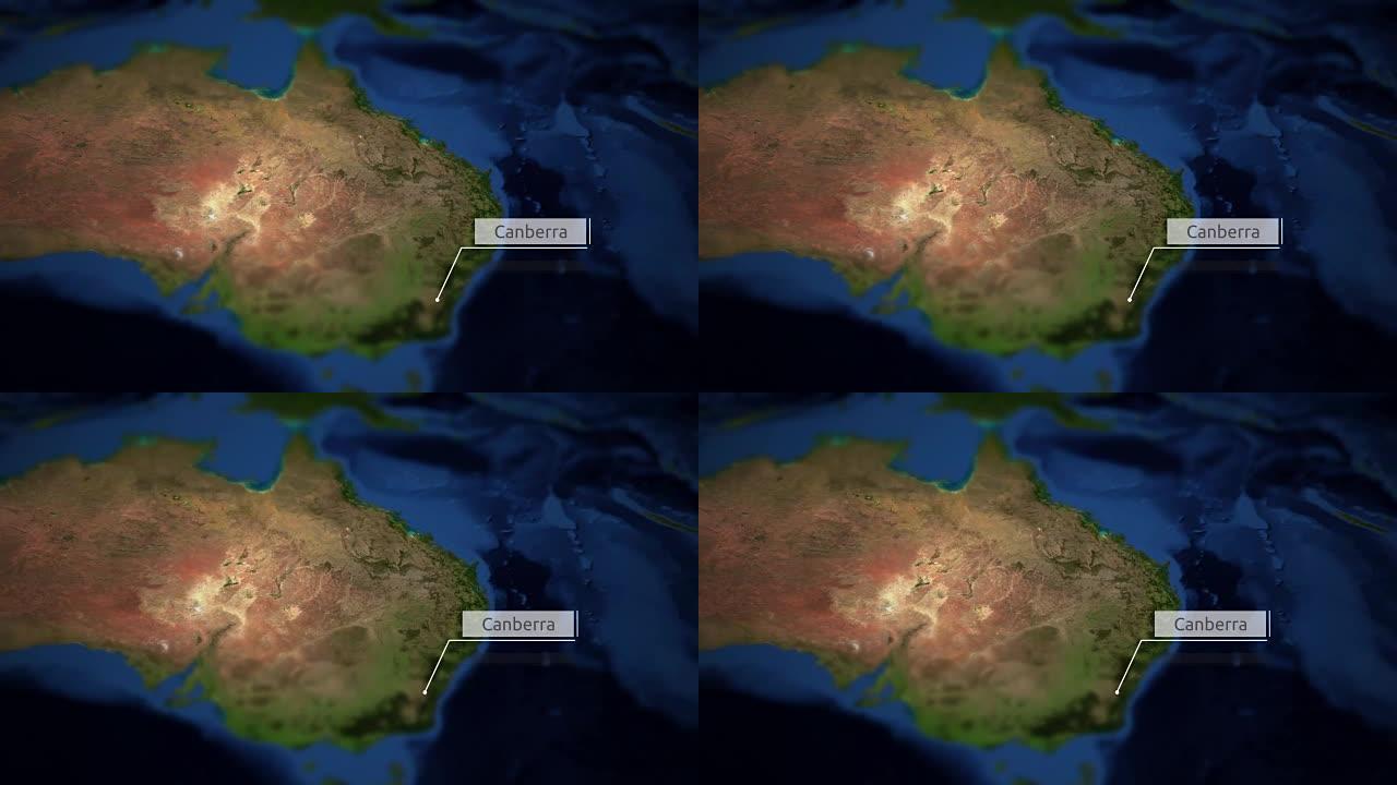 相机在带有指示器的澳大利亚地图上平移-堪培拉