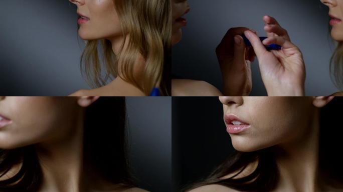 时装模特身体上部的特写 (肩膀，下巴，脖子，嘴唇)。女孩们互相给睫毛膏管。时尚视频。