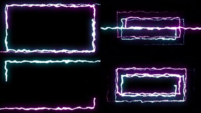 可循环蓝色紫色霓虹灯闪电对称之字形飞行黑色背景动画新质量独特自然光效果视频素材