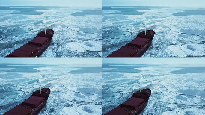 鸟瞰图。船在冬天驶过海冰，特写