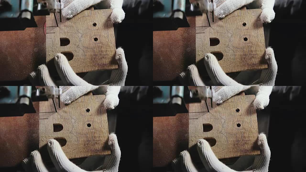 在一个木头工件上切割拼图，比特币的象征