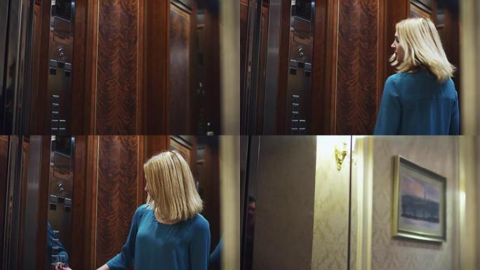 打开镜子升降机门和年轻女子进入电梯轿厢