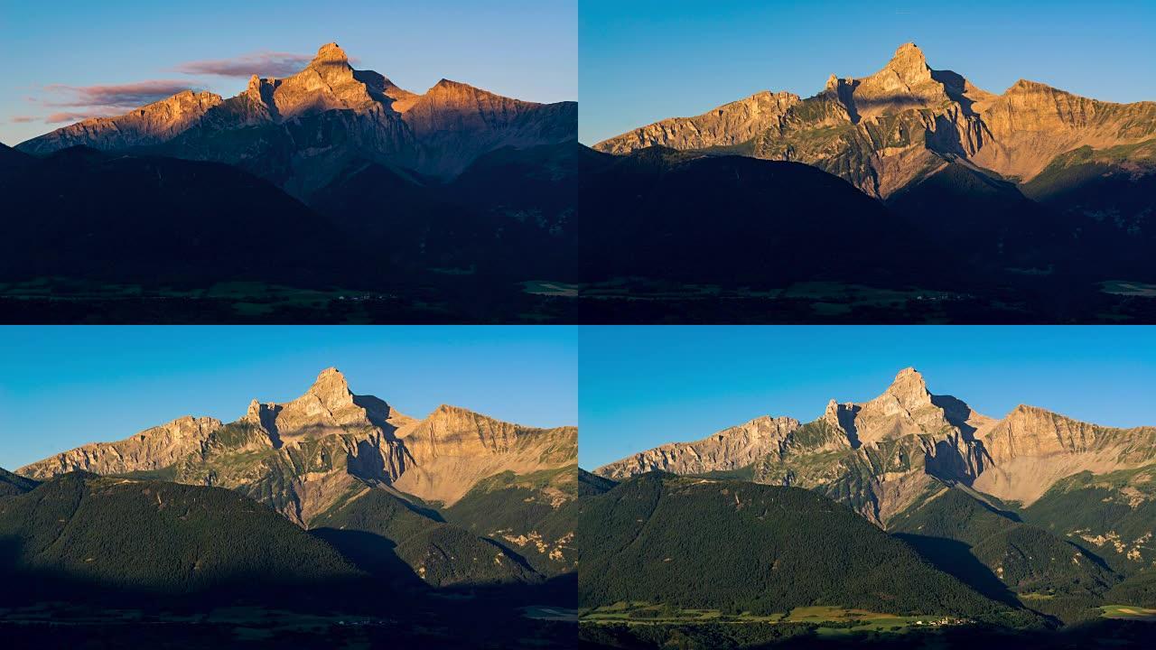 奥比乌峰 (devoly) 的日出。法国阿尔卑斯山伊泽尔