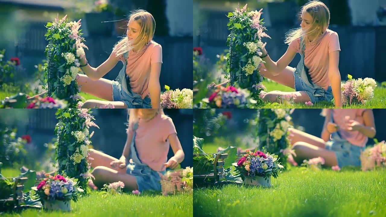 夏日阳光明媚闪亮的假日记忆 -- 金发微笑的女孩用粉色和白色的花朵制作温柔的花卉组合