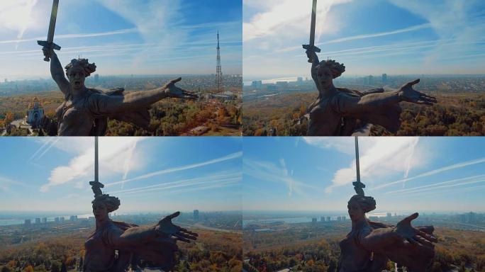 俄罗斯伏尔加格勒Mamaev Kurgan的鸟瞰图。祖国的电话。