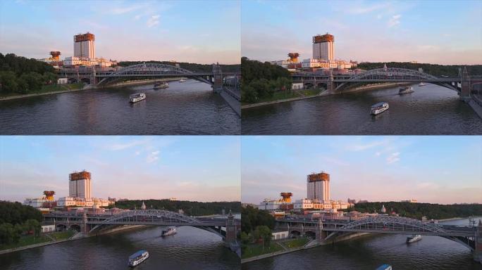 俄罗斯日落莫斯科市河畔国家科学院空中全景4k