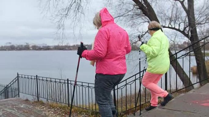北欧老年女性户外行走 -- 两名老年女性户外训练