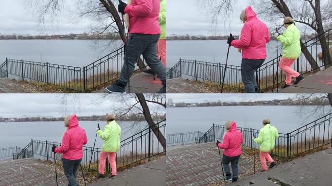 北欧老年女性户外行走 -- 两名老年女性户外训练