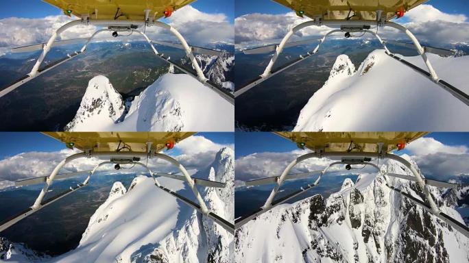 从冰川山顶上高速行驶的大山谷以直升机视角向后看