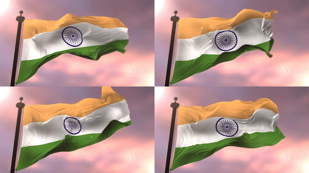 日落时，印度国旗迎风缓缓飘扬