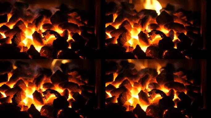 炽热的木炭在火箱中燃烧