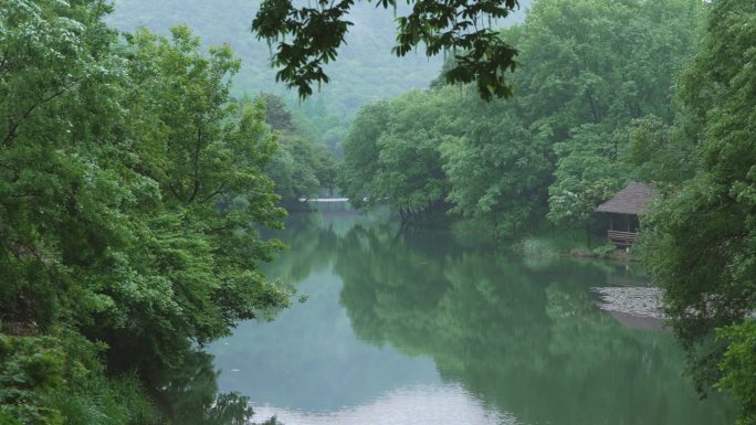 静谧西湖雨景湖面唯美倒影