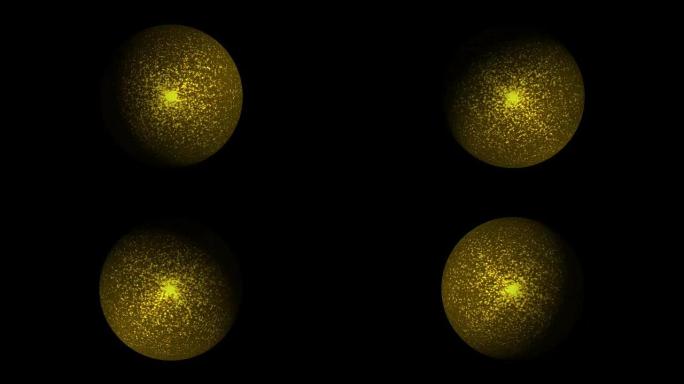 4k球形或金色或黄色尘埃颗粒球，具有耀斑光无缝抽象背景。复制徽标和文本的空间。运动图形和动画背景。