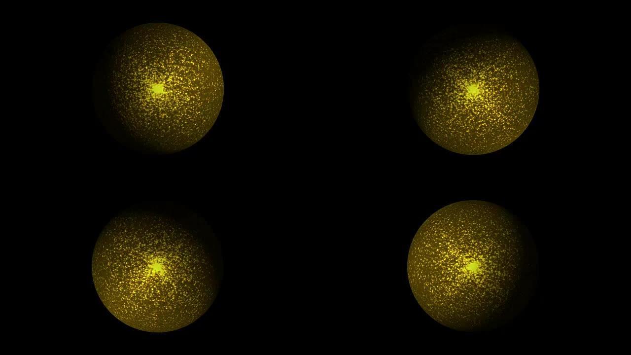 4k球形或金色或黄色尘埃颗粒球，具有耀斑光无缝抽象背景。复制徽标和文本的空间。运动图形和动画背景。
