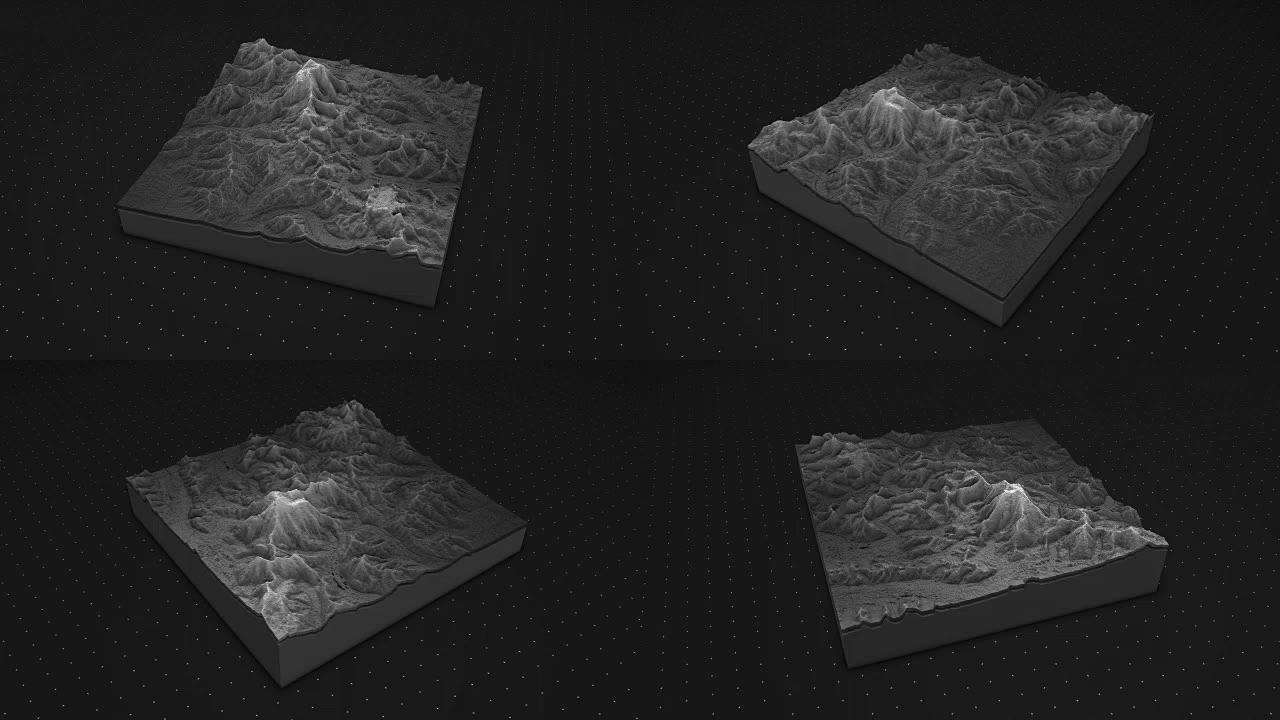 土壤切片的3d渲染，山脉孤立在黑暗背景上。