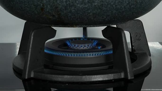 厨房煤气炉的特写煤气火。