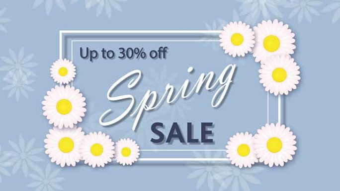 春季销售，折扣30% 在蓝色背景与鲜花