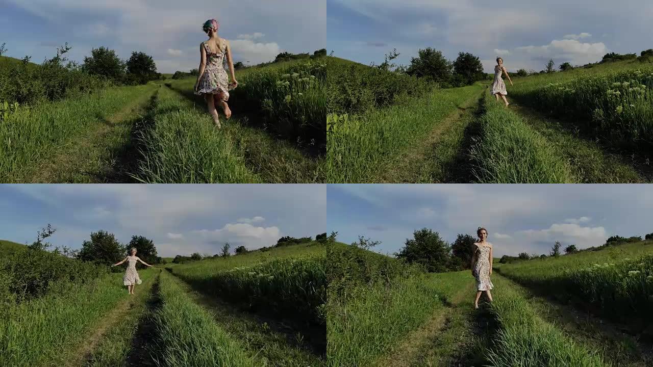 开朗的年轻女孩赤脚走在乡间小路上。拍摄于马维克航空4k 100kbps