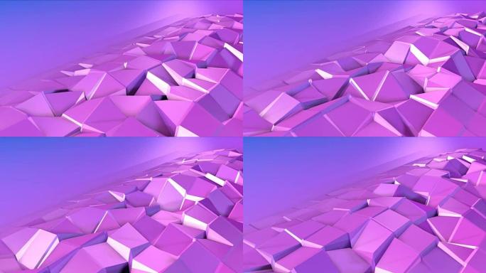 抽象低聚风格循环背景。4k 3d无缝动画。现代渐变色。低聚紫蓝表面，复制空间v3