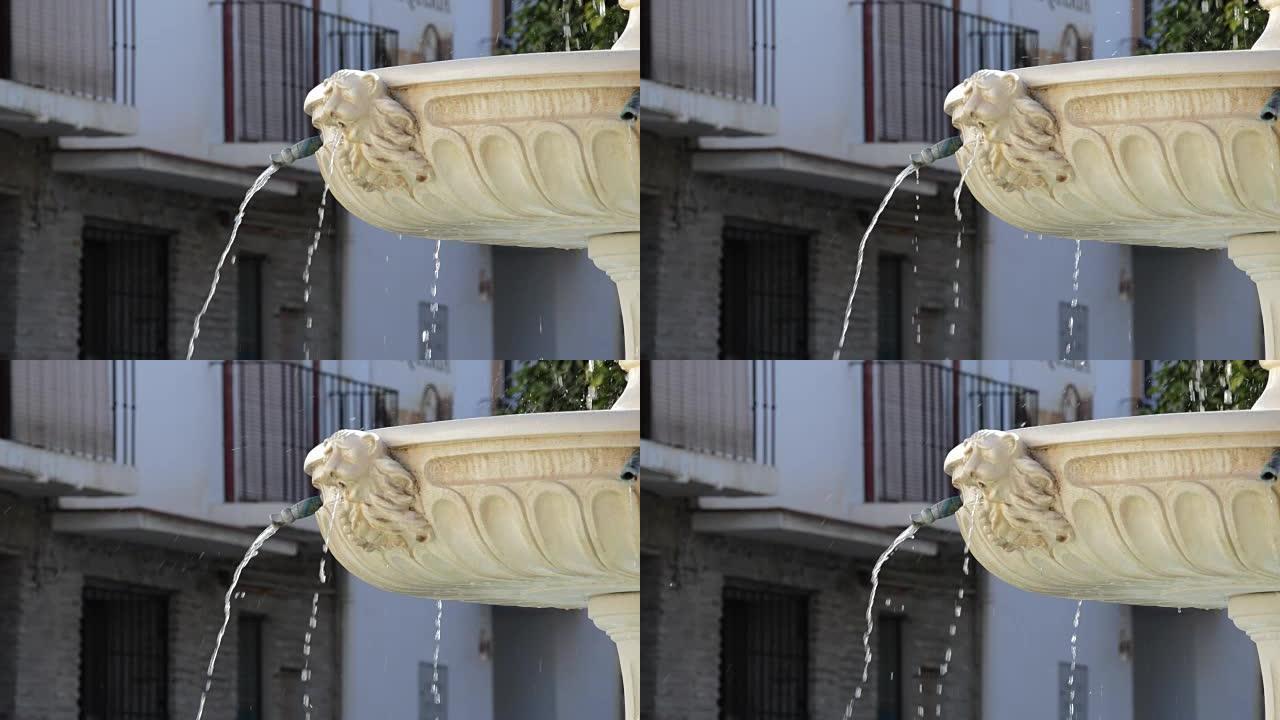在公共喷泉中雕刻的狮子脸倒水