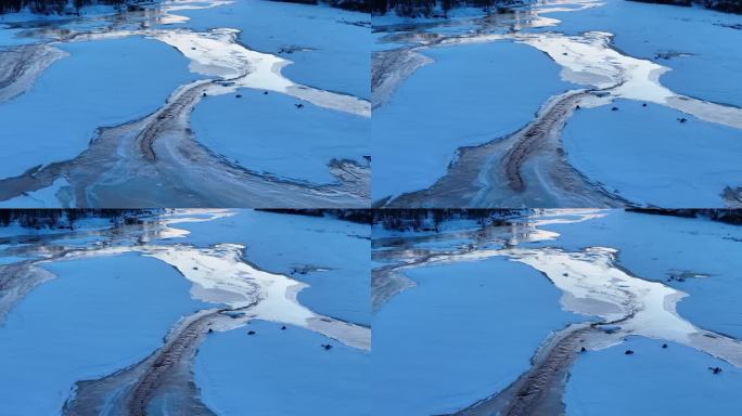 航拍早春残雪消融的河流