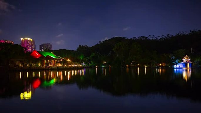 中国夜灯珠海市著名公园湖全景4k延时