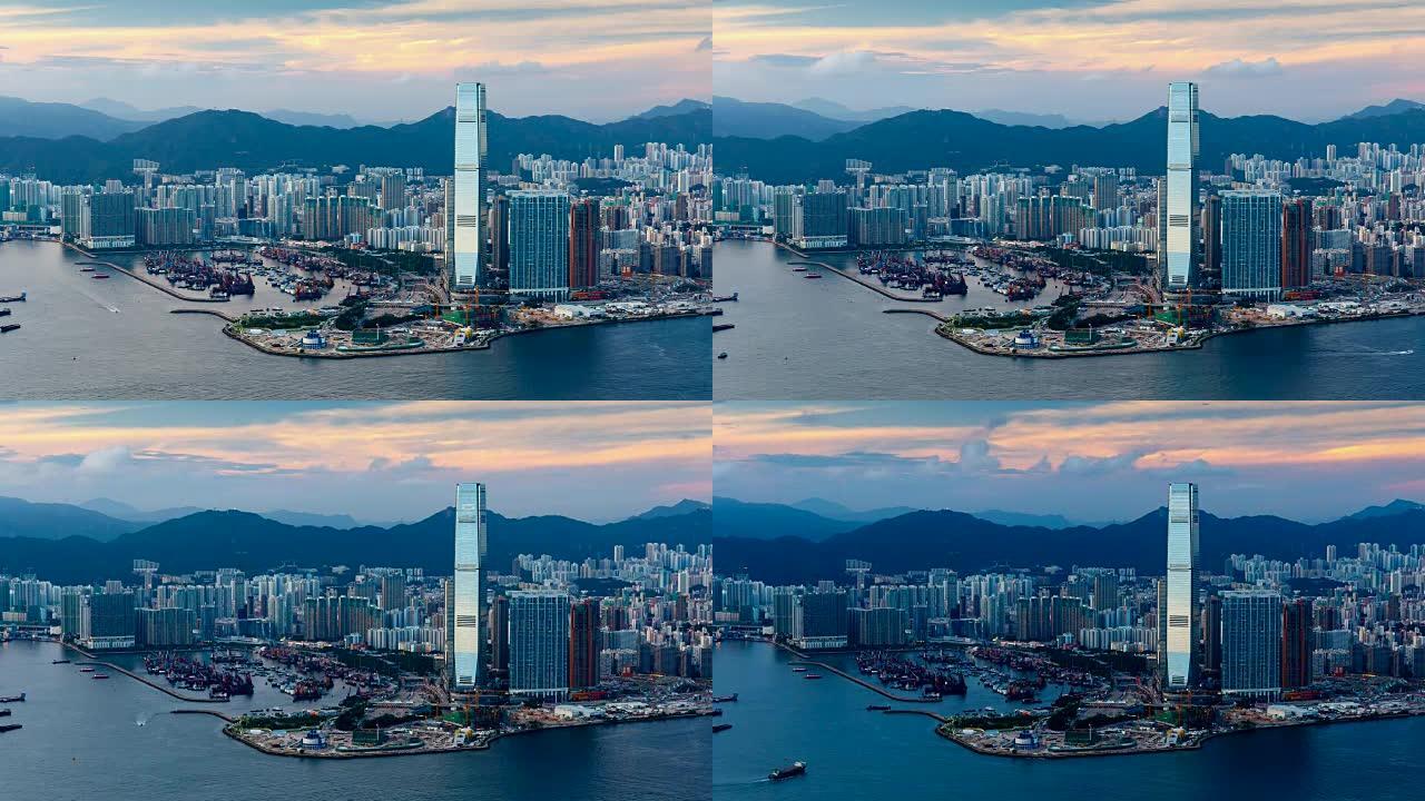 美丽的西九龙日落在香港-时间流逝