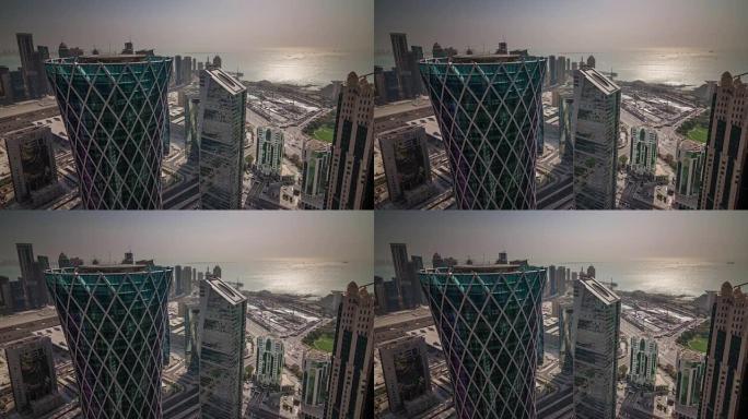 阳光灿烂的一天多哈城市屋顶市中心海湾全景4k延时卡塔尔