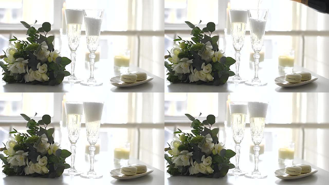 两杯水晶香槟和一杯婚礼花束