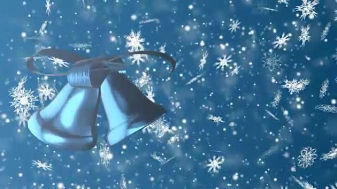 圣诞节和新年无缝循环动画。蓝色背景上的圣诞雪花和铃铛。冬季仙境魔法雪花。