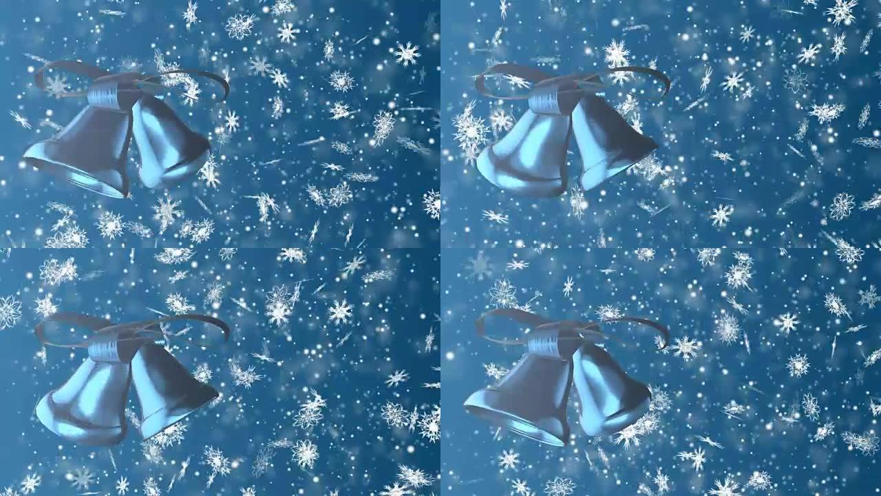 圣诞节和新年无缝循环动画。蓝色背景上的圣诞雪花和铃铛。冬季仙境魔法雪花。