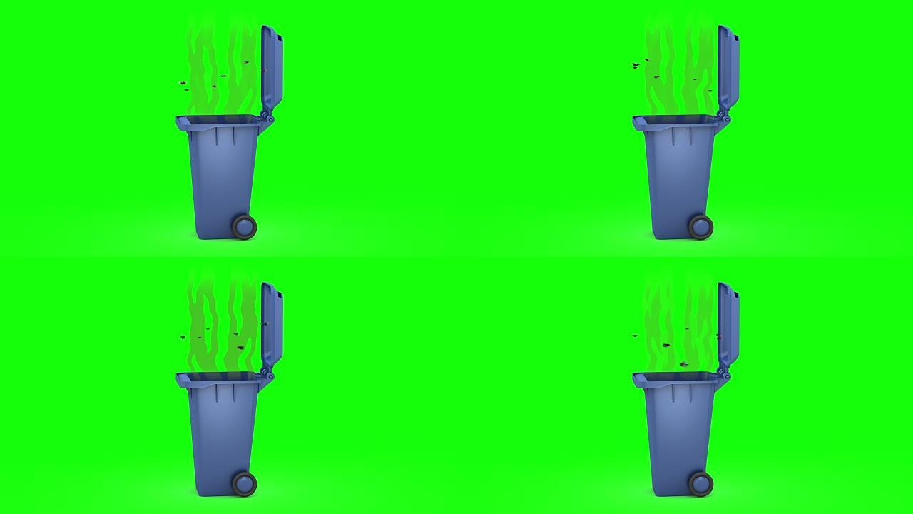 臭垃圾桶。3D动画。绿色屏幕，可循环。
