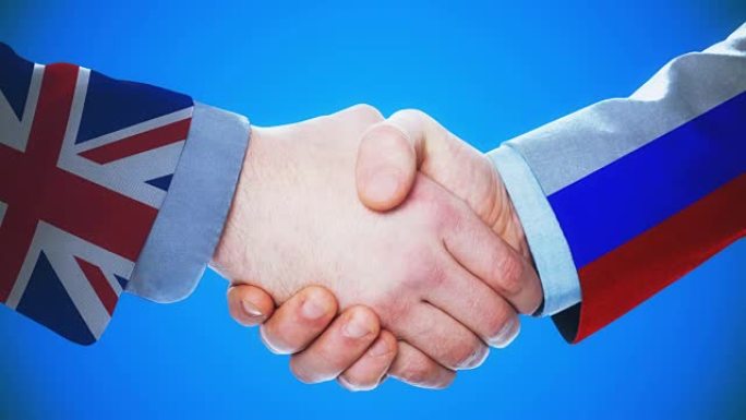 英国-俄罗斯/握手概念动画关于国家和政治/与matte频道