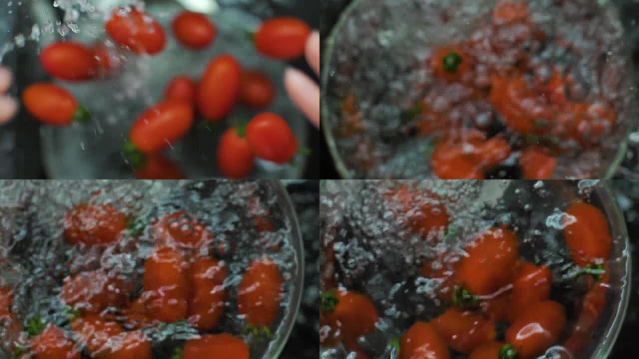 樱桃番茄溅入水慢动作视频