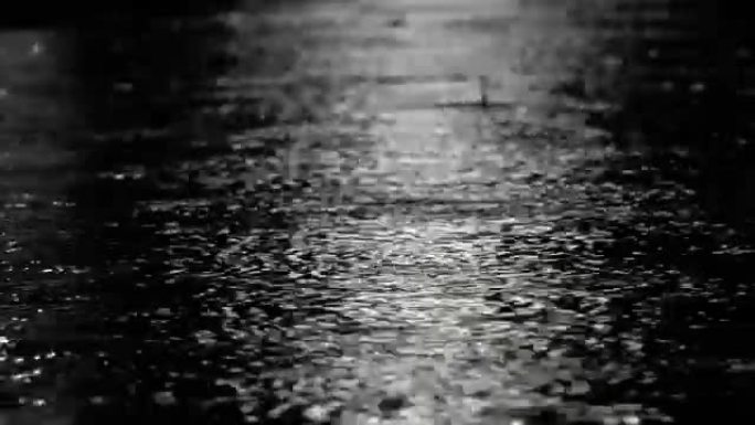 特写镜头在漆黑的夜晚有反射的水面上下雨，循环背景