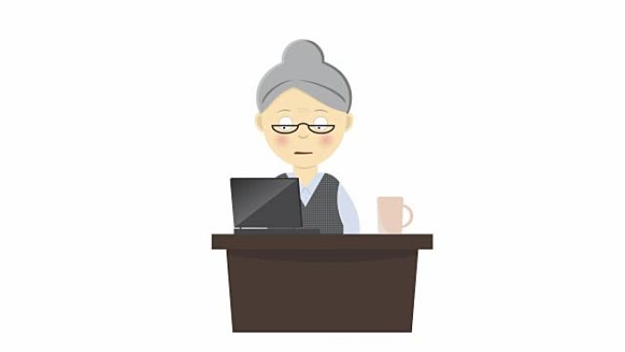 奶奶 (老太太) 在笔记本电脑上工作的动画，动画卡通人物，循环能力。