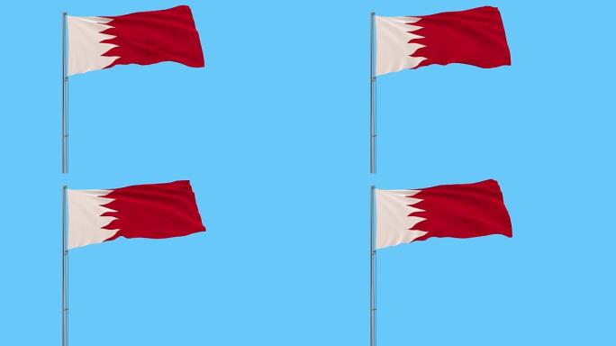 在蓝色背景上随风飘扬的旗杆上隔离巴林国旗，3d渲染