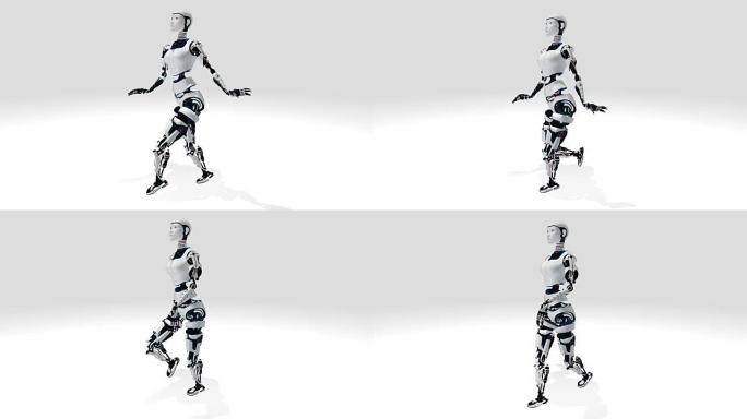 性感机器人安卓女人走路。科幻时尚机器人gir。可爱的机器人女人。CG动画。