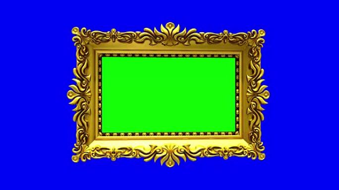 蓝色背景上的金色相框快速旋转，色键。电视噪音和绿屏的3D动画，无缝循环。