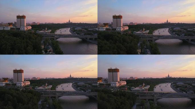 俄罗斯日落莫斯科市河畔科学院大学航空全景4k