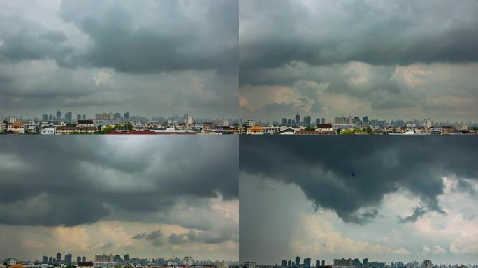 曼谷市的日落: 今夜时分，灰云天空，城市景观。