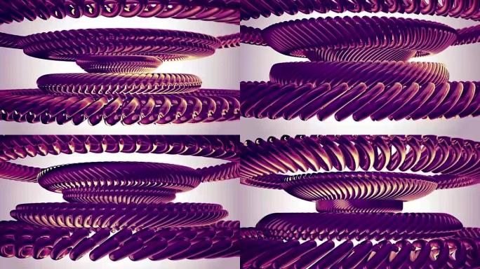 流体移动旋转紫色金属链眼圈无缝循环动画3d运动图形背景新质量工业技术建筑未来酷快乐视频片段