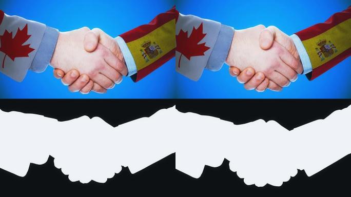 加拿大-西班牙/握手概念动画关于国家和政治/与matte频道
