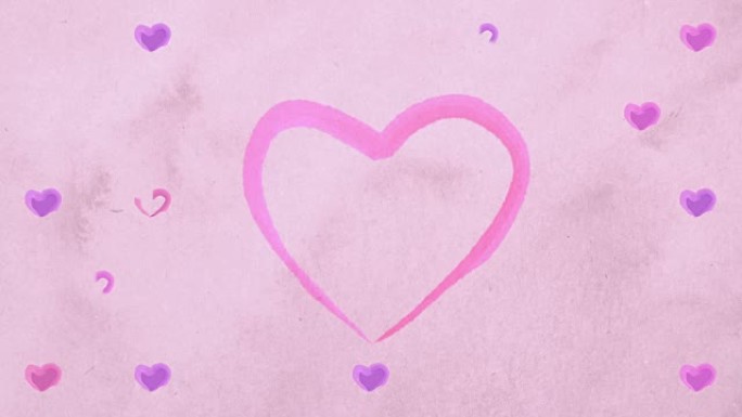 水彩紫丁香粉色紫色心形出现在纸盒纸上，就像艺术家的绘画一样。情人节或婚礼的心形动画。可循环。